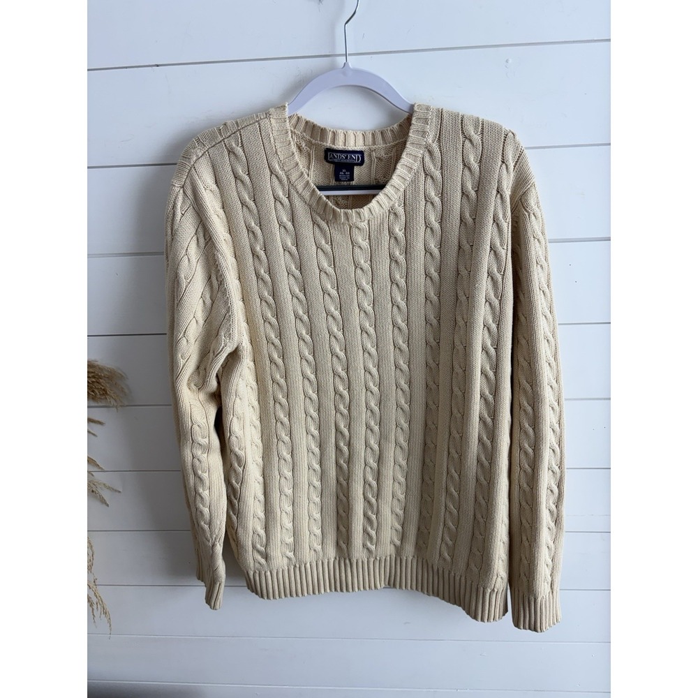 Lands End Sweater Men Extra Large Beige Cotton Cable Crewneck Fisherman 0689